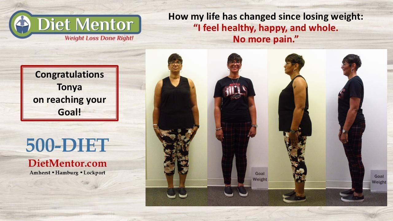 Diet Mentor weight-loss before-and-after collage with congratulatory text and progress photos