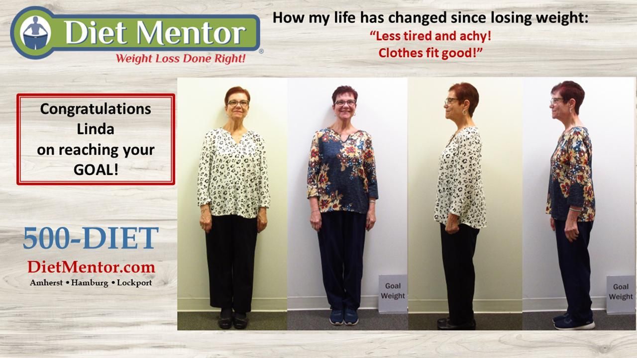 Diet Mentor ad showing before-and-after weight loss progress photos and congratulatory text on reaching goal.