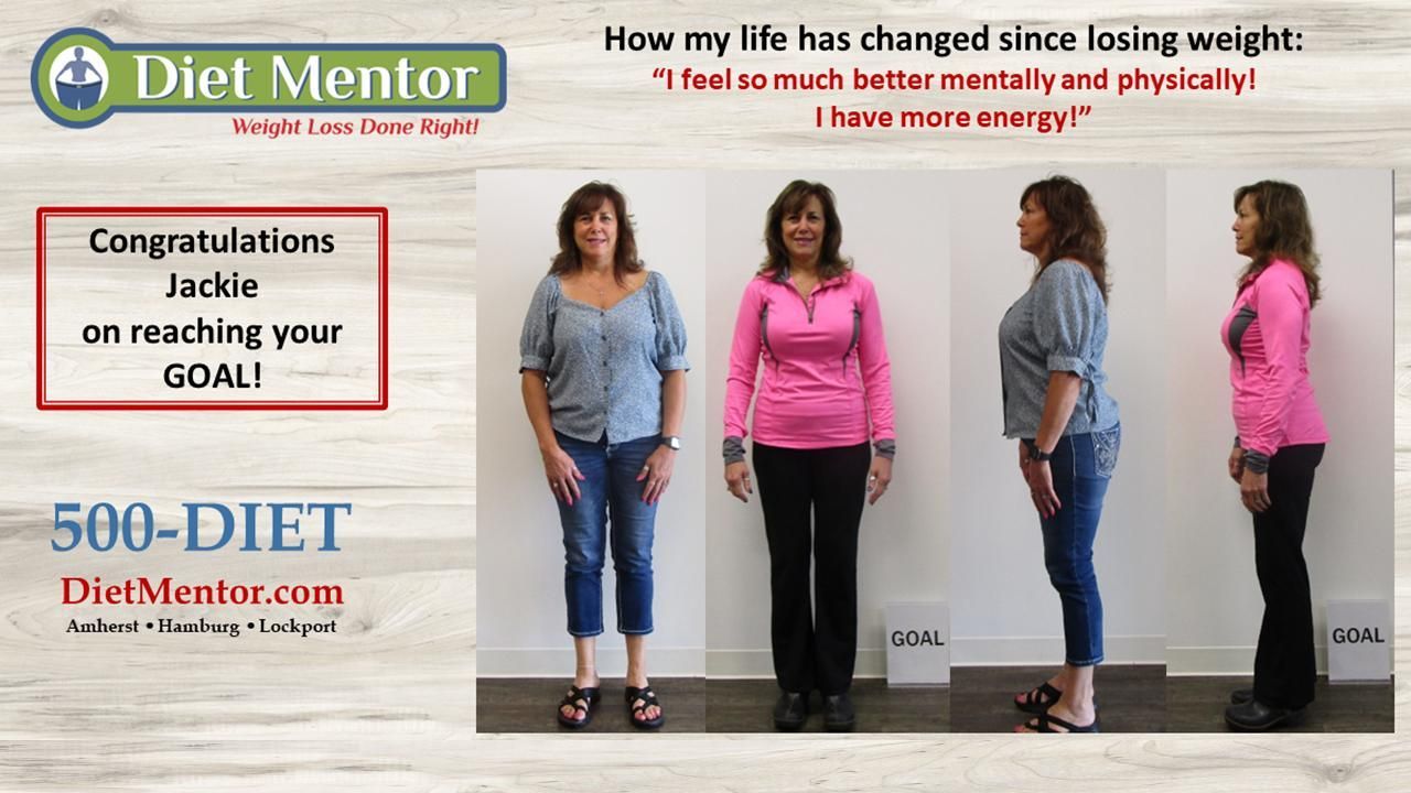 Diet Mentor weight-loss before-and-after collage with congratulatory text and four pose photos
