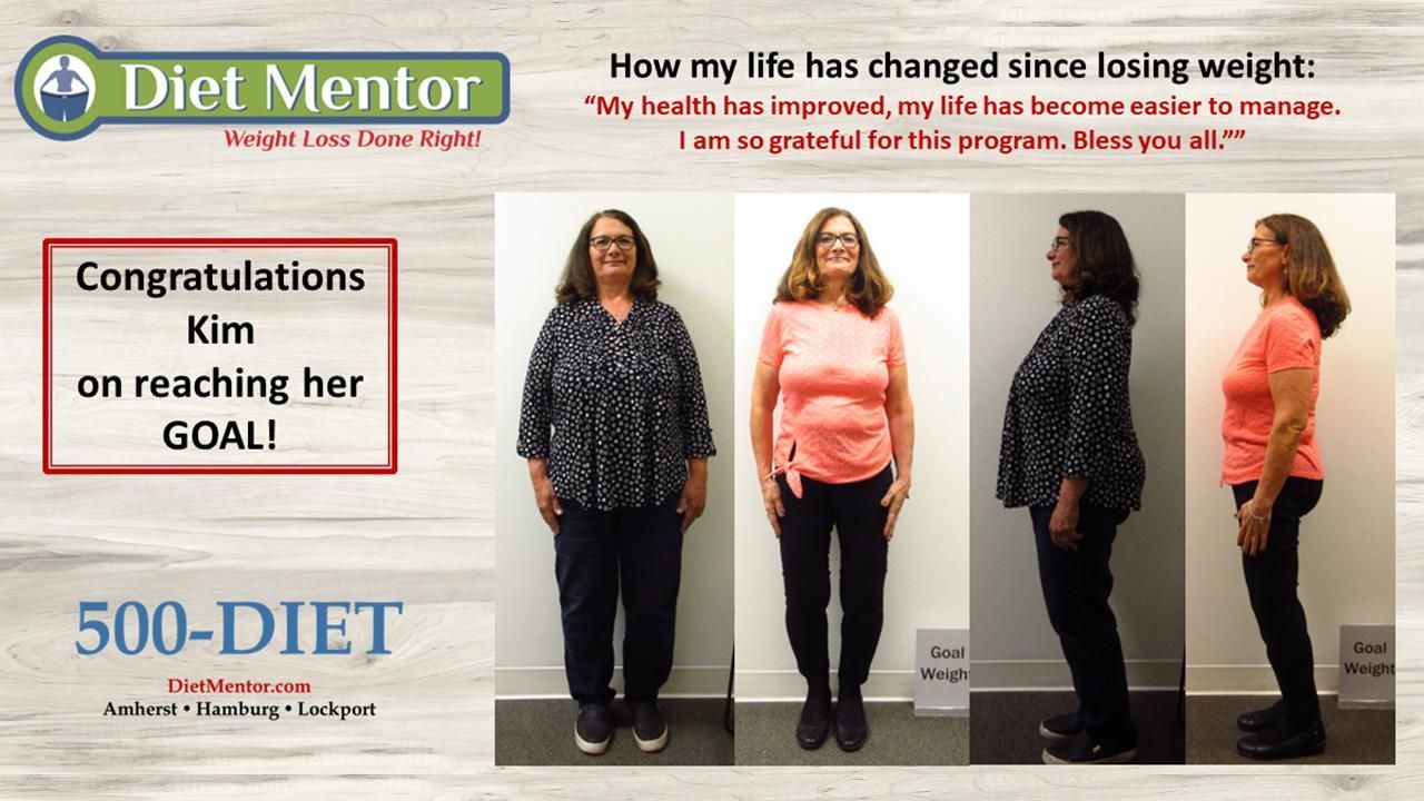 Weight-loss success ad with before-and-after full-body photos and “Congratulations Kim on reaching her GOAL!” text