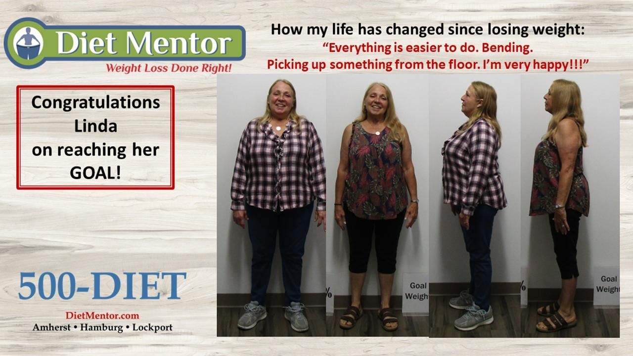 Diet Mentor weight-loss success poster with before-and-after photos and “Congratulations Linda on reaching her GOAL!”
