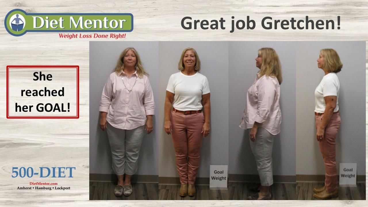 Weight-loss ad with four views of a woman before and after reaching her goal.