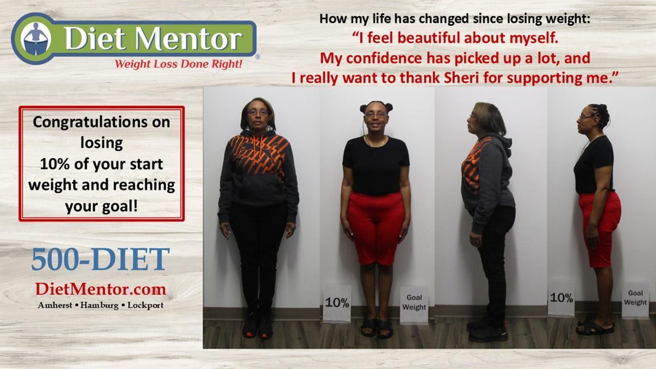 Diet Mentor ad showing a woman’s before-and-after weight loss transformation with progress photos and testimonial text