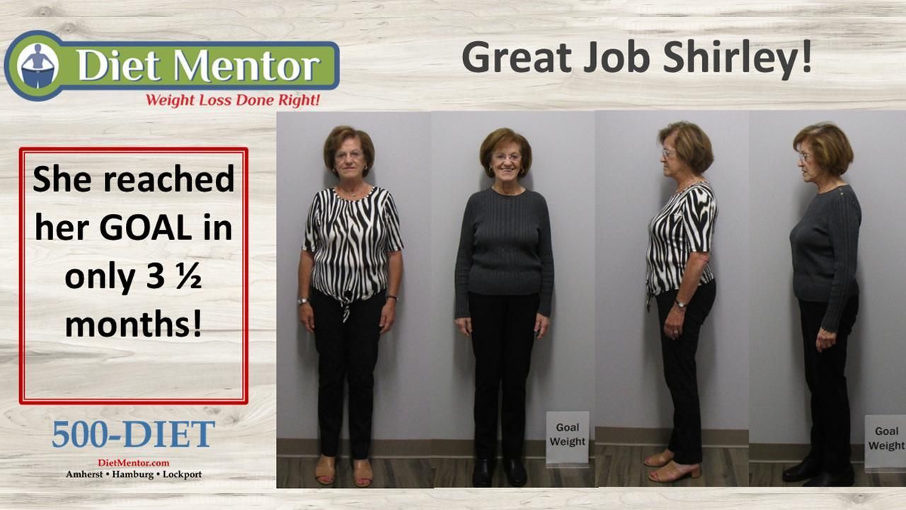 Diet Mentor before-and-after weight loss photo with text “She reached her GOAL in only 3½ months!”