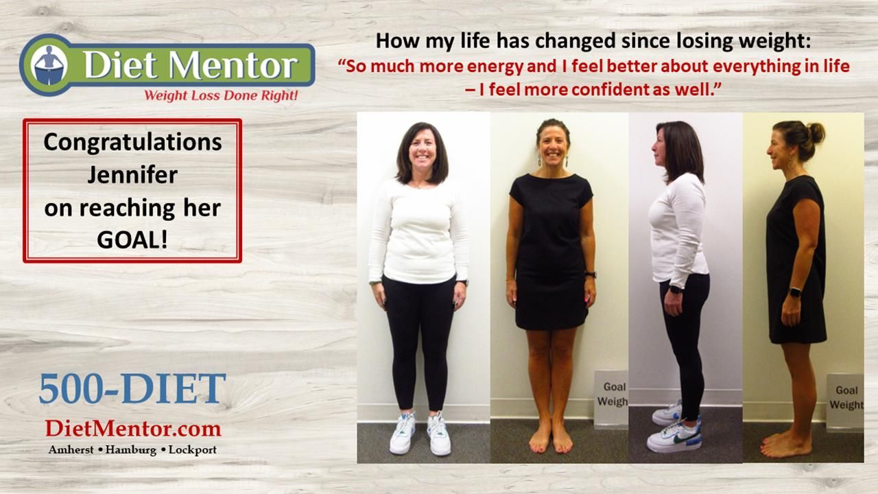 DietMentor weight-loss ad showing Jennifer before and after reaching her goal