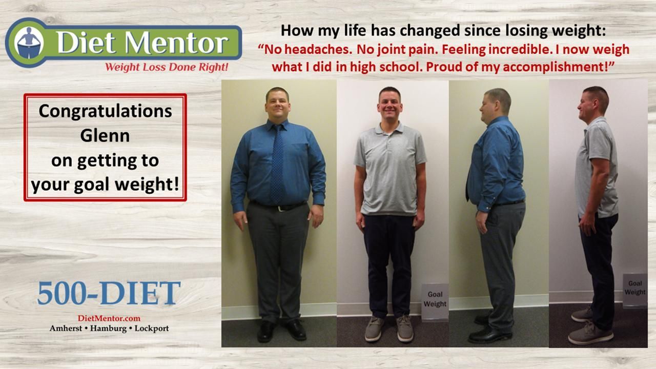 Diet Mentor before-and-after weight loss collage with congratulatory text and three full-body photos