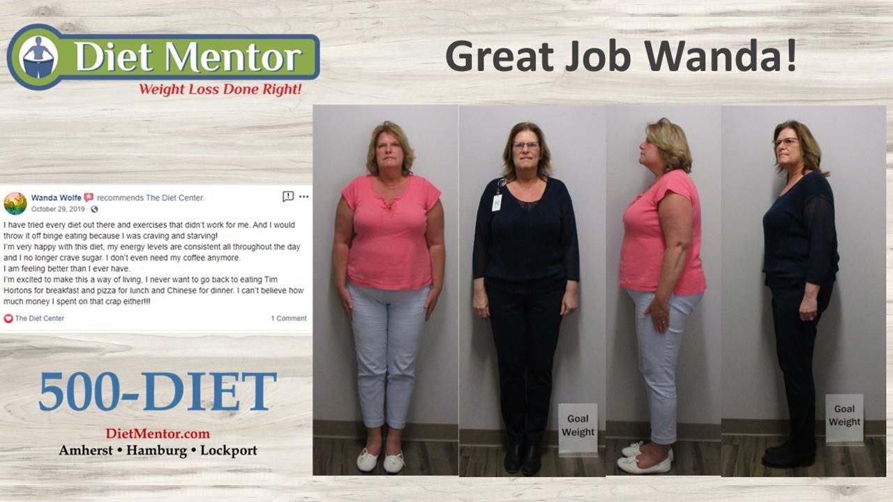 Diet Mentor success poster showing Wanda’s weight-loss before-and-after photos and “Great Job Wanda!” text