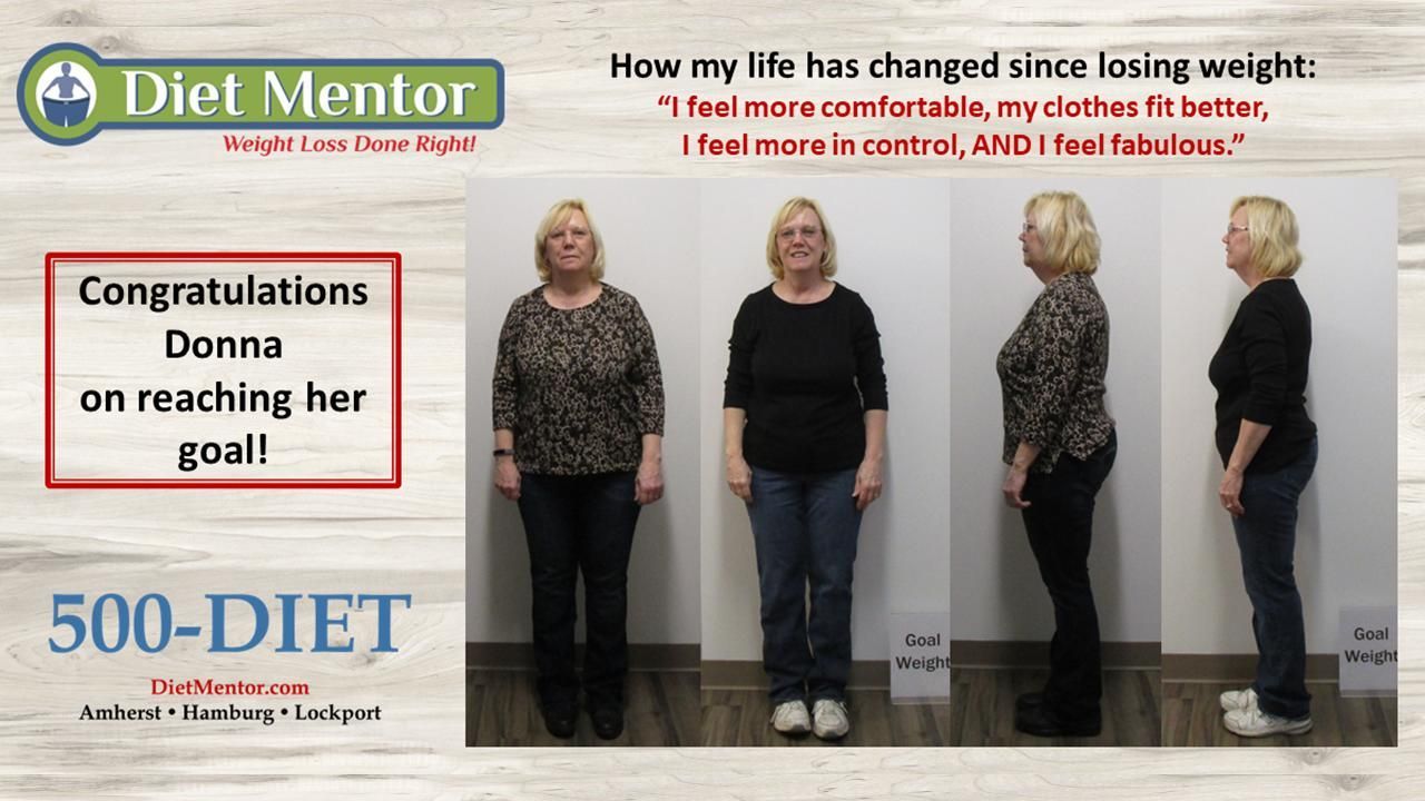 Diet Mentor weight-loss promo with side-by-side before-and-after photos and “Congratulations, Donna”