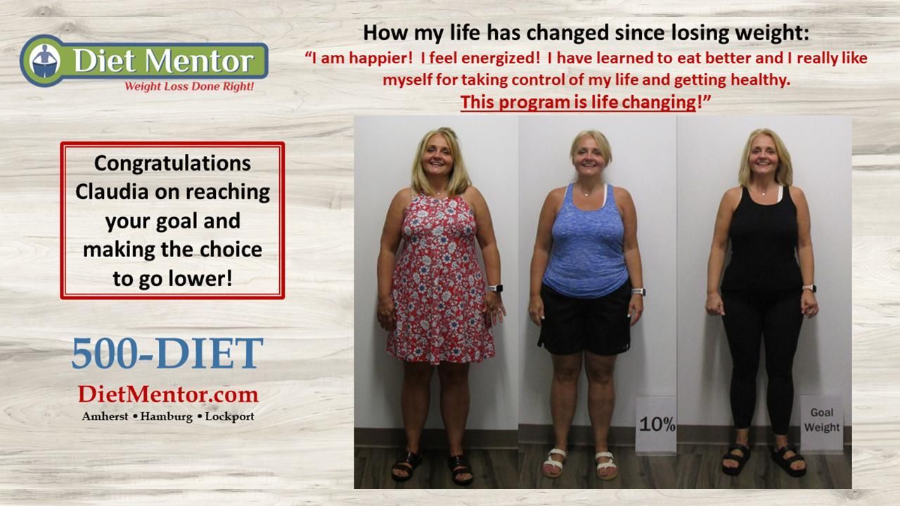 Before-and-after weight loss promo with three full-body photos and text about reaching a goal weight