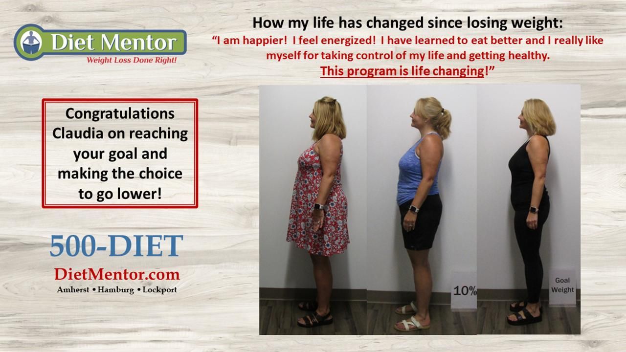 Diet Mentor weight-loss ad with before-and-after side-view photos and congratulatory text