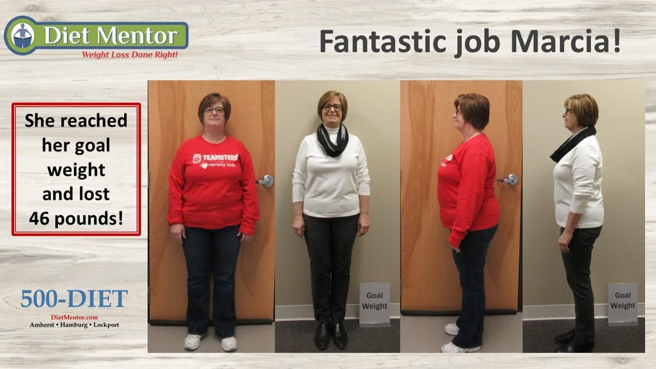 Diet Mentor ad showing “Fantastic job Marcia!” and a before-and-after weight loss comparison.