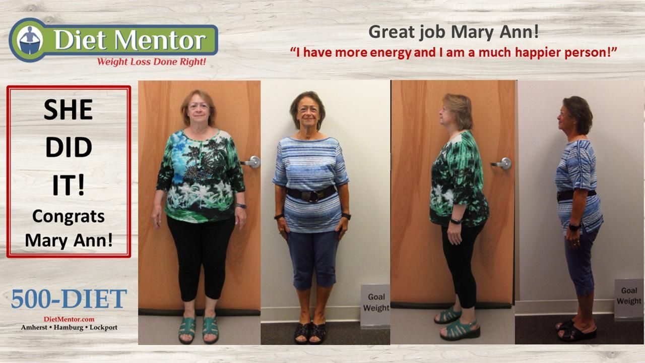 Weight-loss before-and-after collage with four full-body photos and “She Did It!” text.