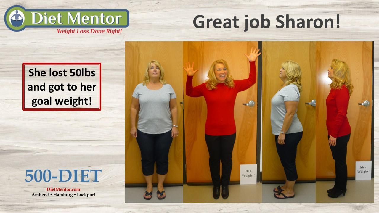 Diet Mentor ad: Sharon lost 50 lbs, showing before-and-after full-body photos with goal weight achieved