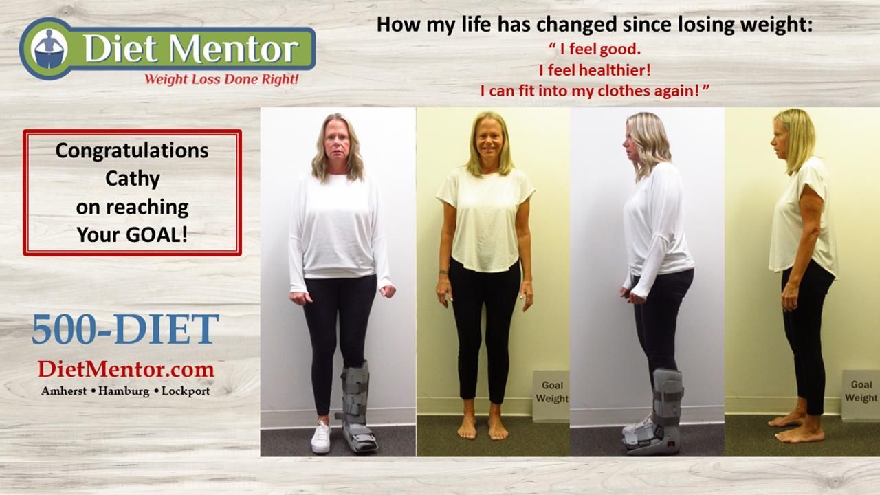 Diet Mentor before-and-after weight loss collage with congratulatory text and full-body photos
