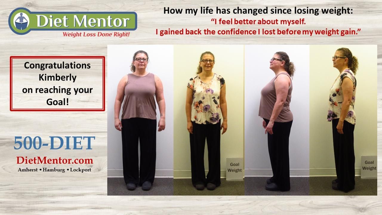 Diet Mentor weight-loss progress collage with side-by-side before and after photos of a person and testimonial text