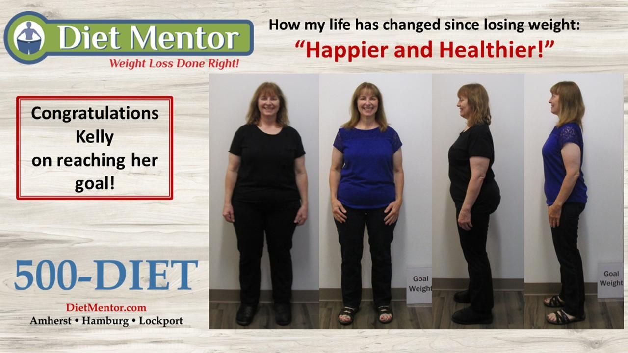Diet Mentor weight-loss ad showing before-and-after photos with “Happier and Healthier!” message