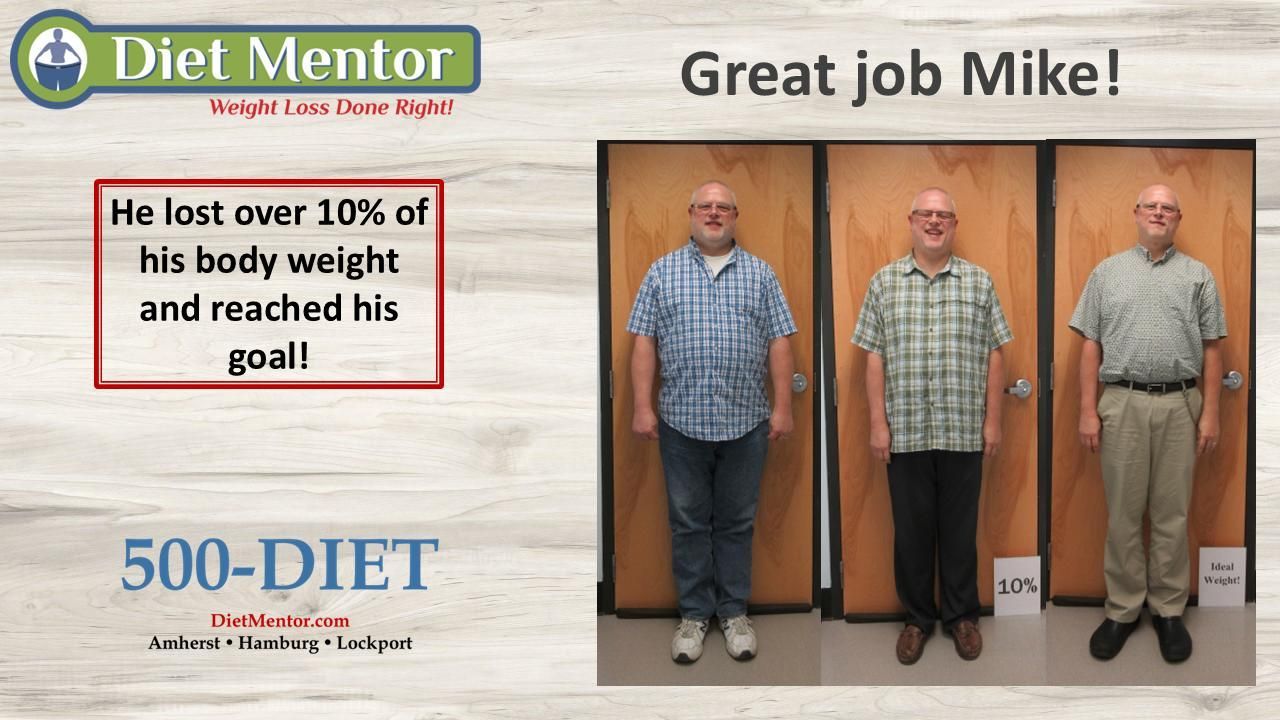 Before-and-after weight loss ad with a man standing in three progress photos and text celebrating his goal reached