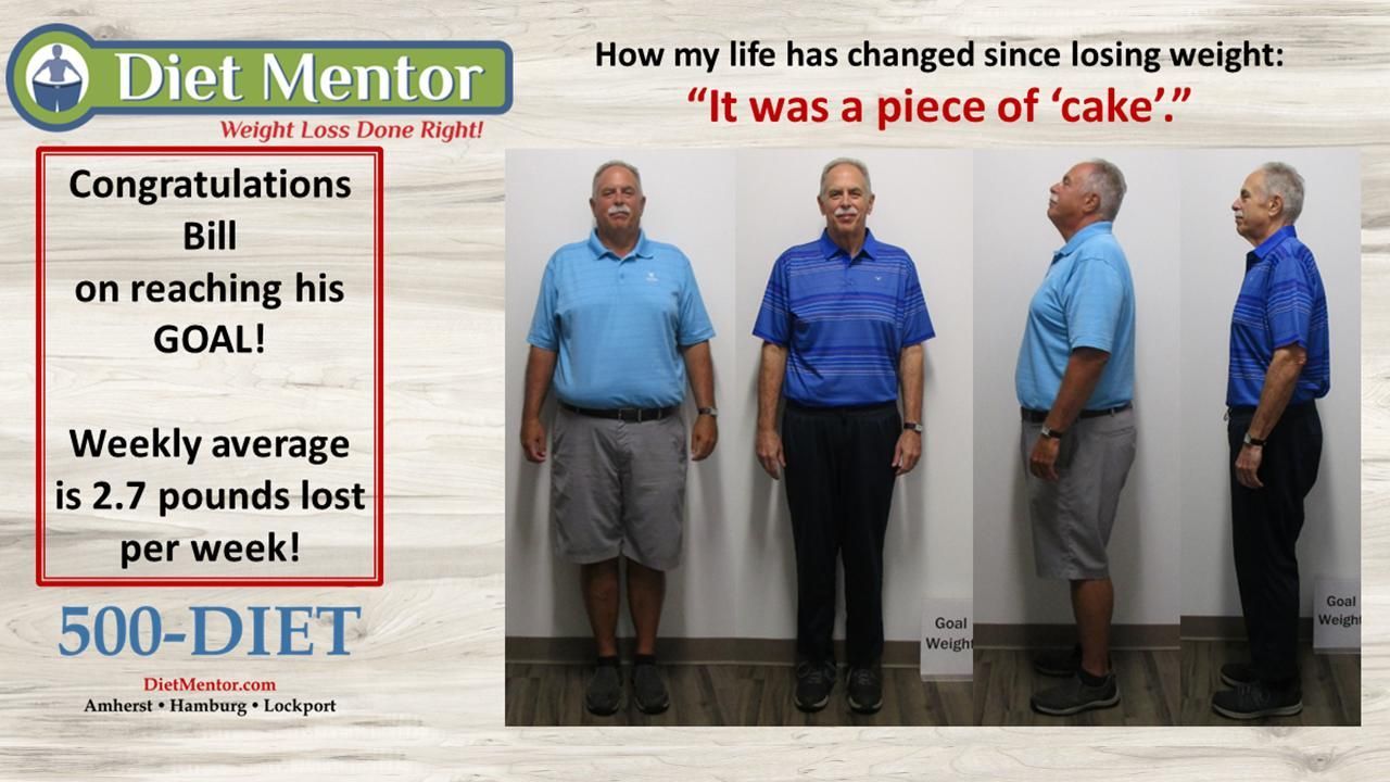 Before-and-after weight loss collage with Diet Mentor ad and man standing in blue shirt on gray background