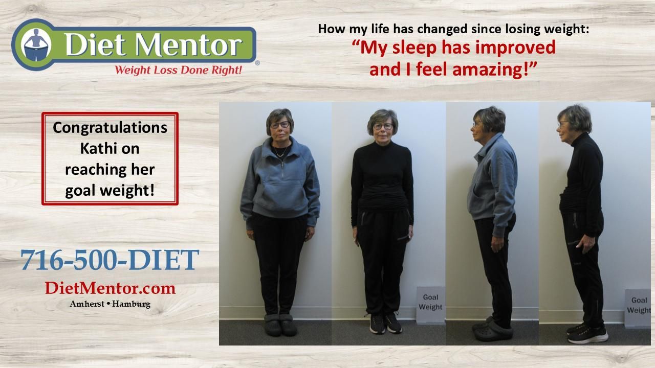 Diet Mentor weight-loss success collage with before-and-after photos and “I feel amazing!” testimonial