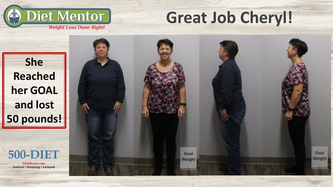 Diet Mentor ad showing Cheryl’s before-and-after weight loss results with four full-body photos and “Great Job Cheryl!”