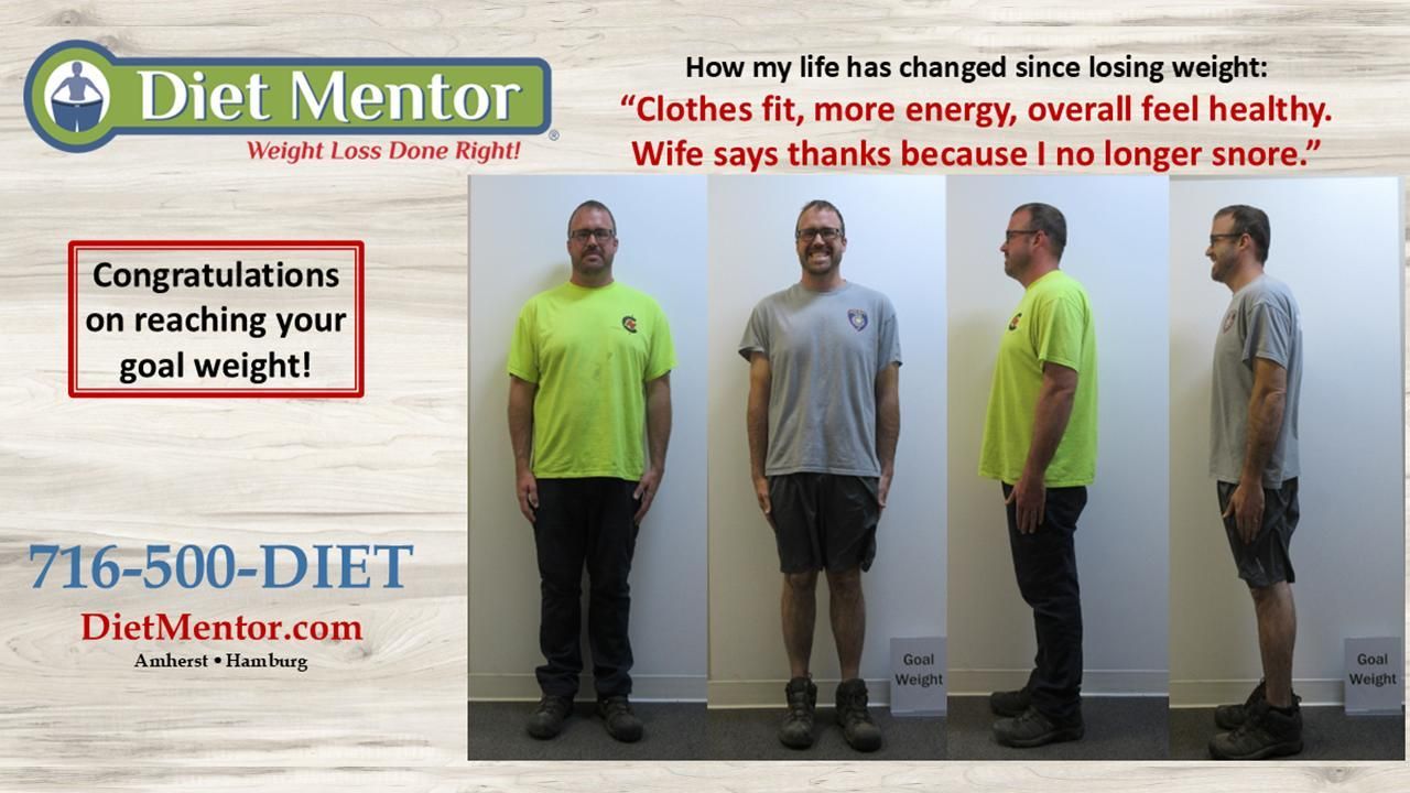 Diet Mentor weight-loss ad showing before-and-after man photos and congratulatory text