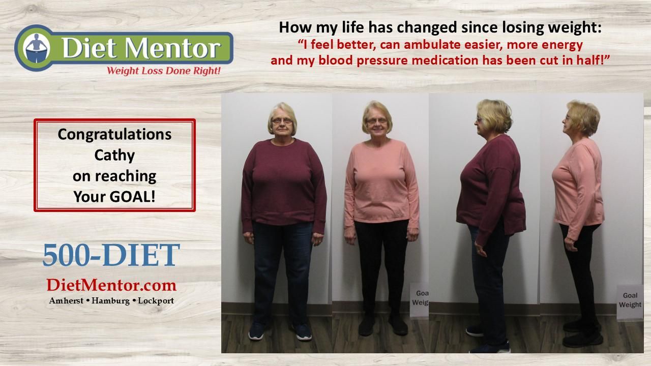 Before-and-after weight loss comparison of a woman in a pink top, with success banner and clinic branding.