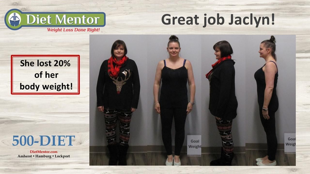 Diet Mentor ad showing a woman’s weight-loss before-and-after photos and the text “Great job Jaclyn!”