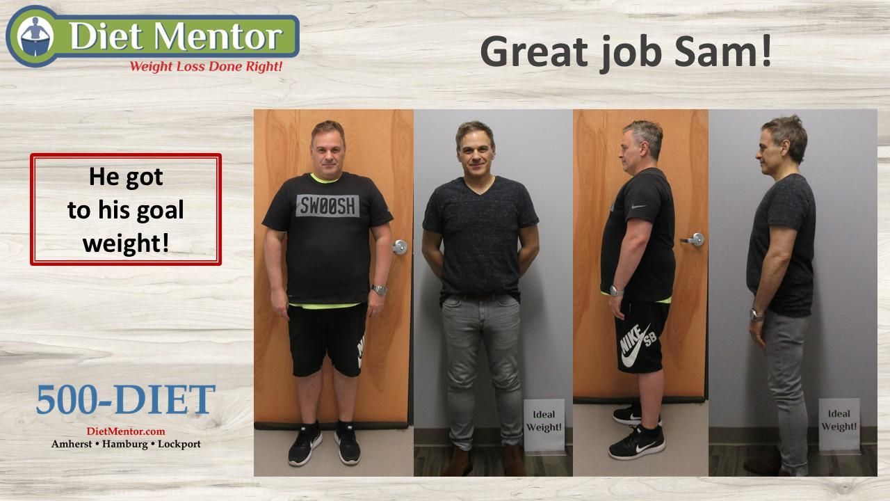 Diet Mentor before-and-after weight loss collage with “Great job Sam!” and “He got to his goal weight!” text