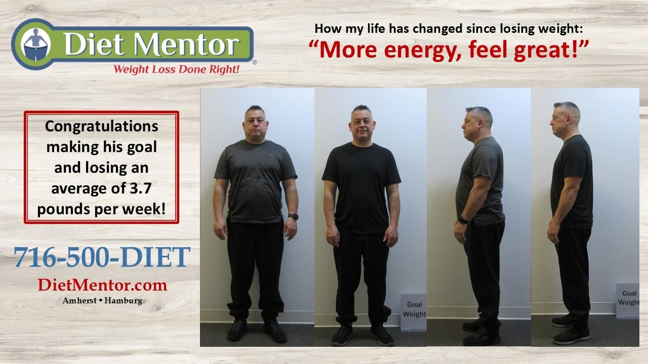 Diet Mentor weight-loss ad showing before-and-after photos of a man with testimonial text and phone number