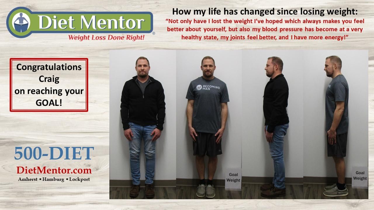 Diet Mentor weight-loss ad showing before-and-after photos and the slogan “Congratulations Craig on reaching your GOAL!”