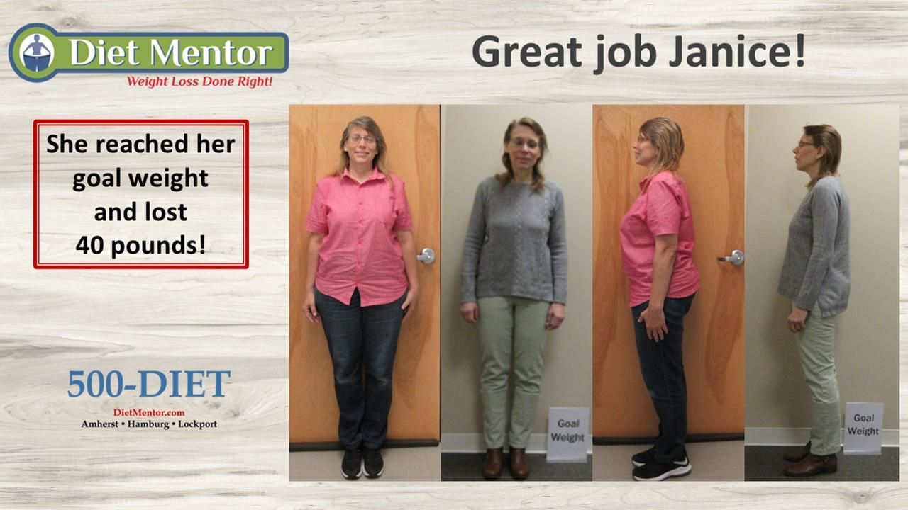 Diet Mentor weight-loss ad showing Janice’s before-and-after photos and “lost 40 pounds!” message