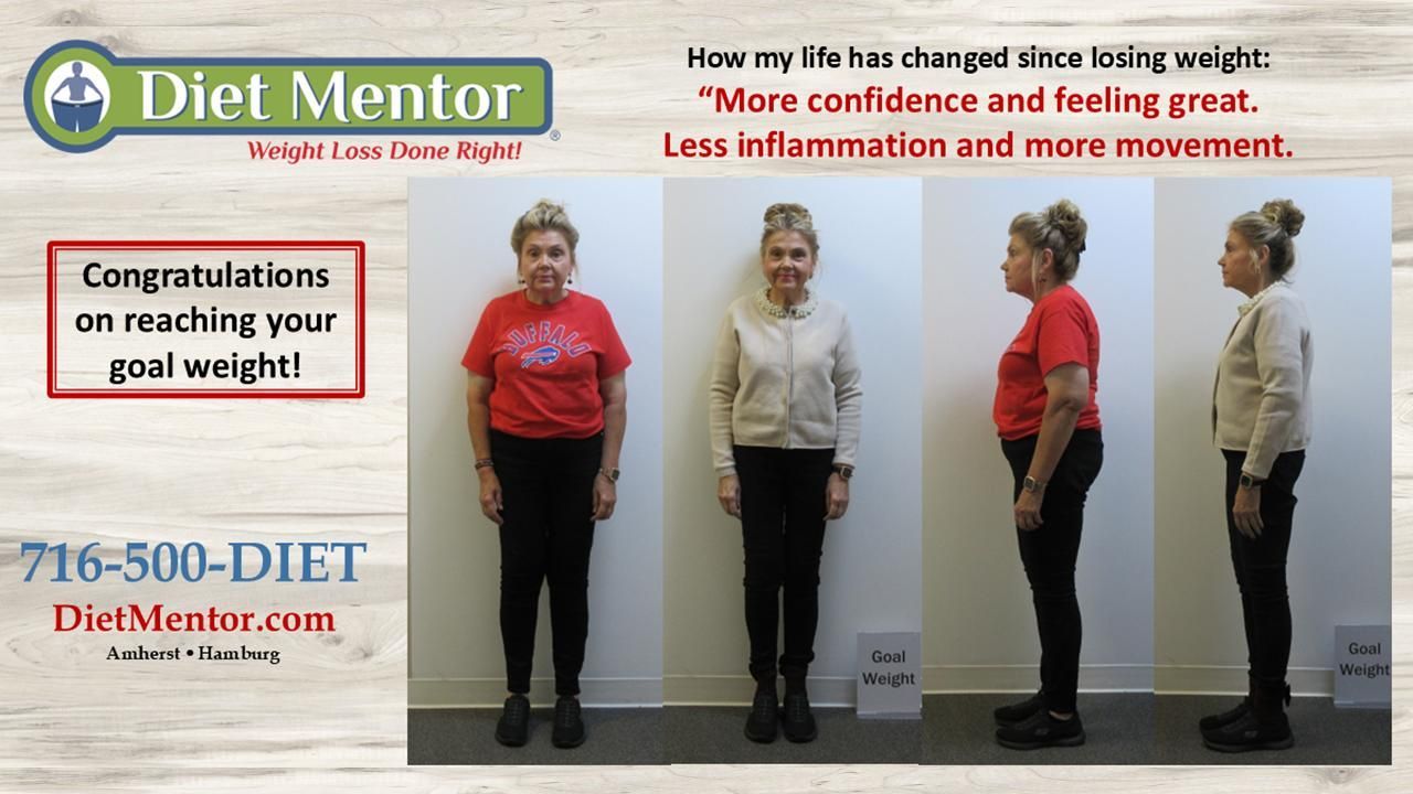 Diet Mentor weight-loss before-and-after collage with congratulatory text and phone number
