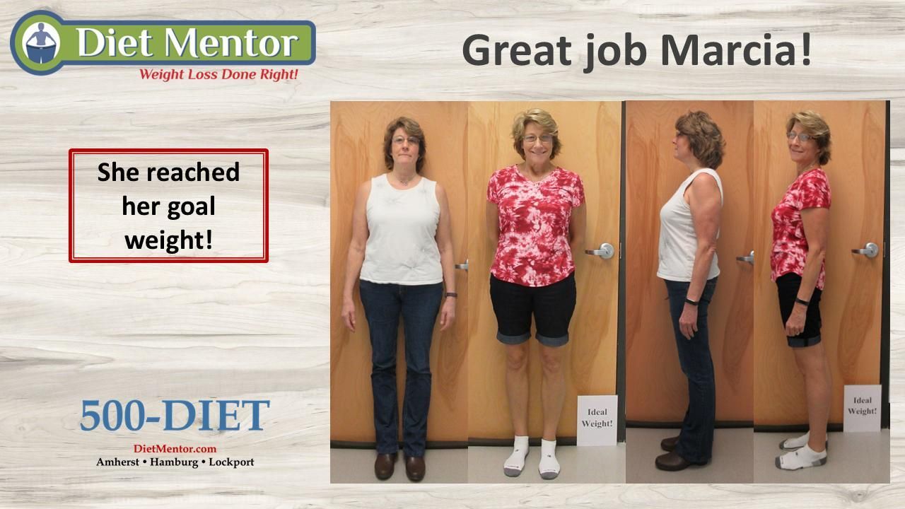 Diet Mentor ad: “Great job Marcia!” with before-and-after weight-loss photos and “She reached her goal weight!”