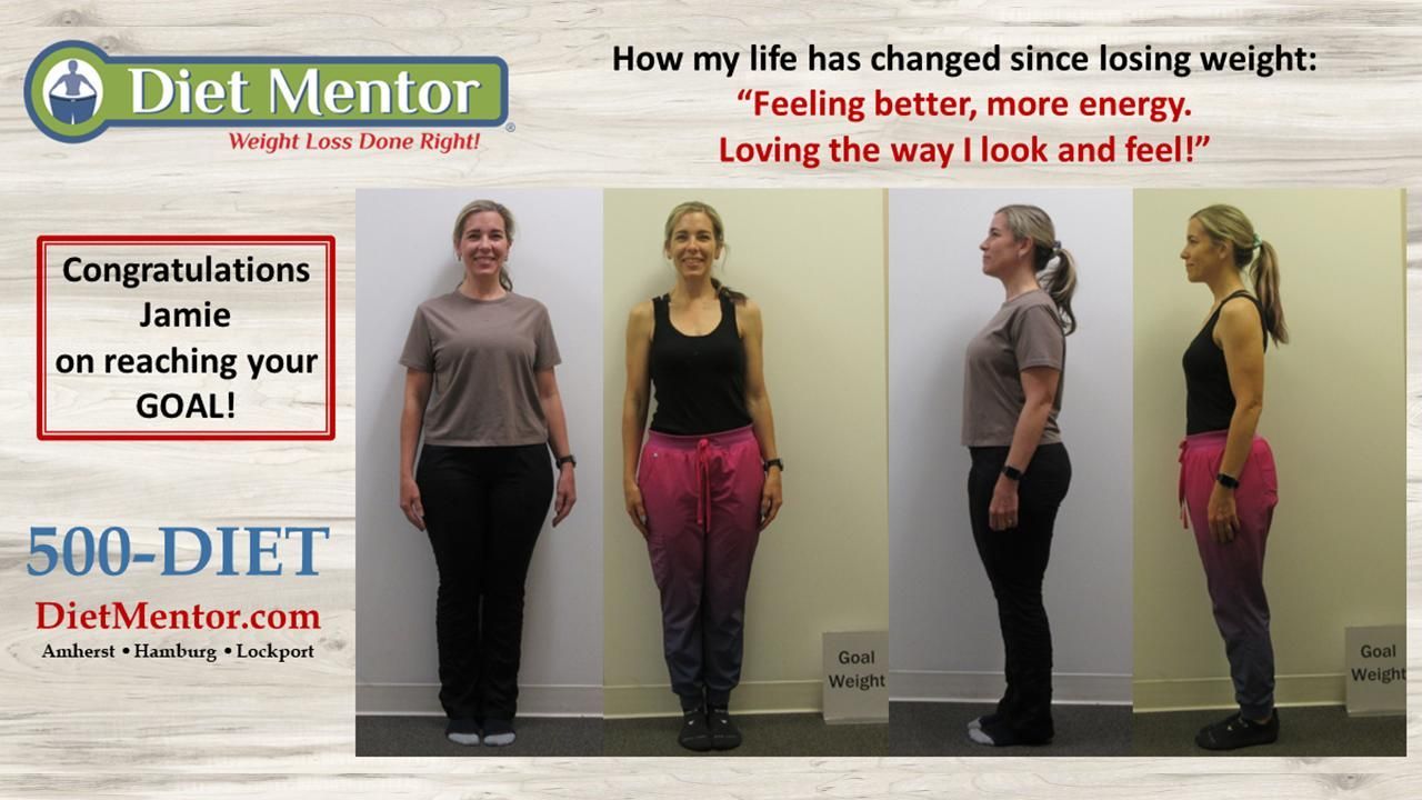 Weight-loss before-and-after collage with a woman, Diet Mentor branding, and progress text.