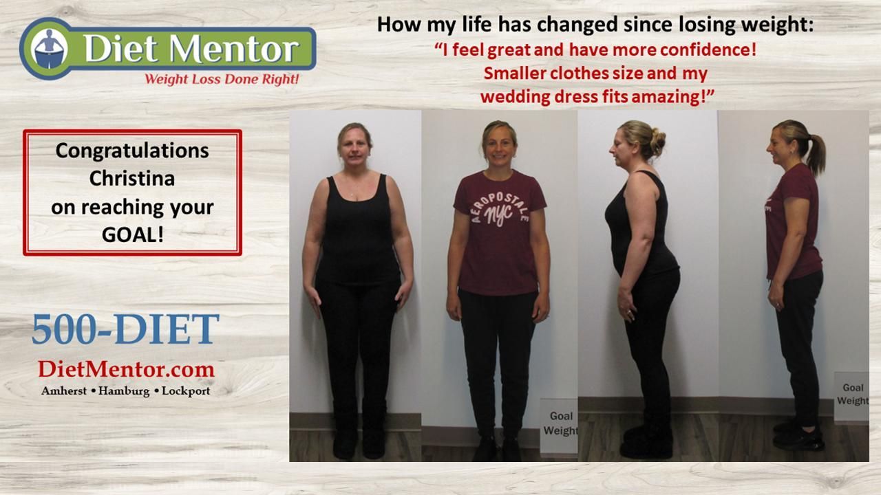 Before-and-after weight loss collage with three full-body photos and text about changing eating habits.