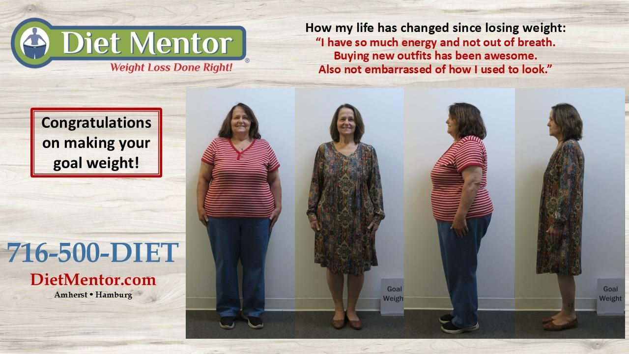 Diet Mentor weight-loss ad with before-and-after photos and “Congratulations on making your goal weight!”