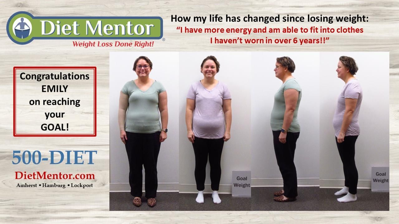 Diet Mentor weight-loss before-and-after collage with four full-body photos and a “Congratulations Emily” sign