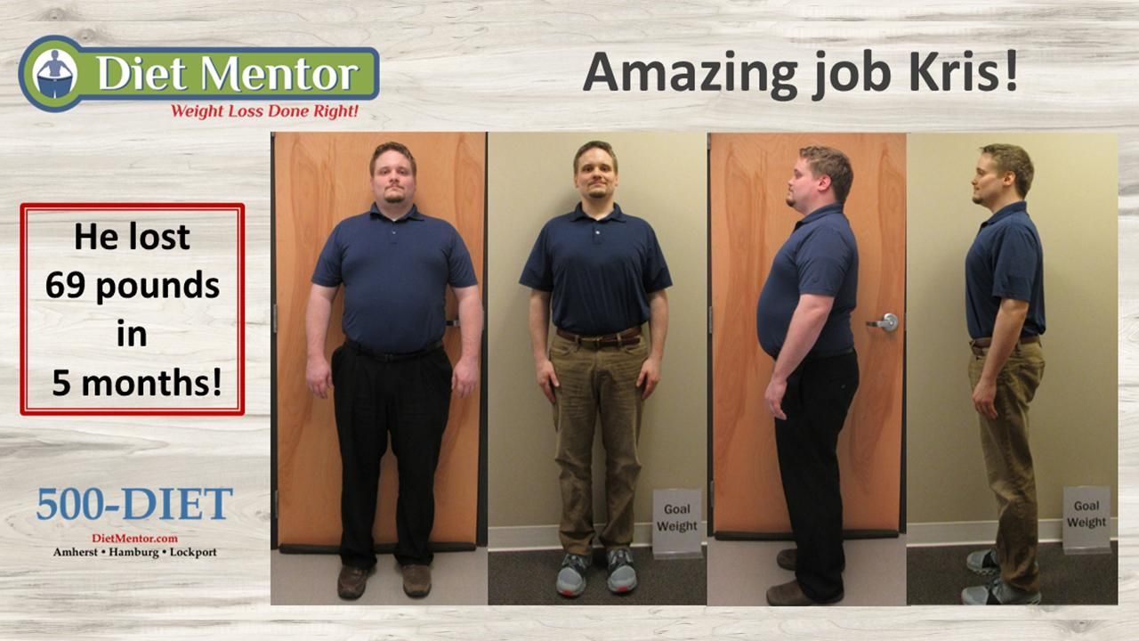 Diet Mentor ad: “Amazing job Kris!” showing before-and-after weight loss photos and “He lost 69 pounds in 5 months!”
