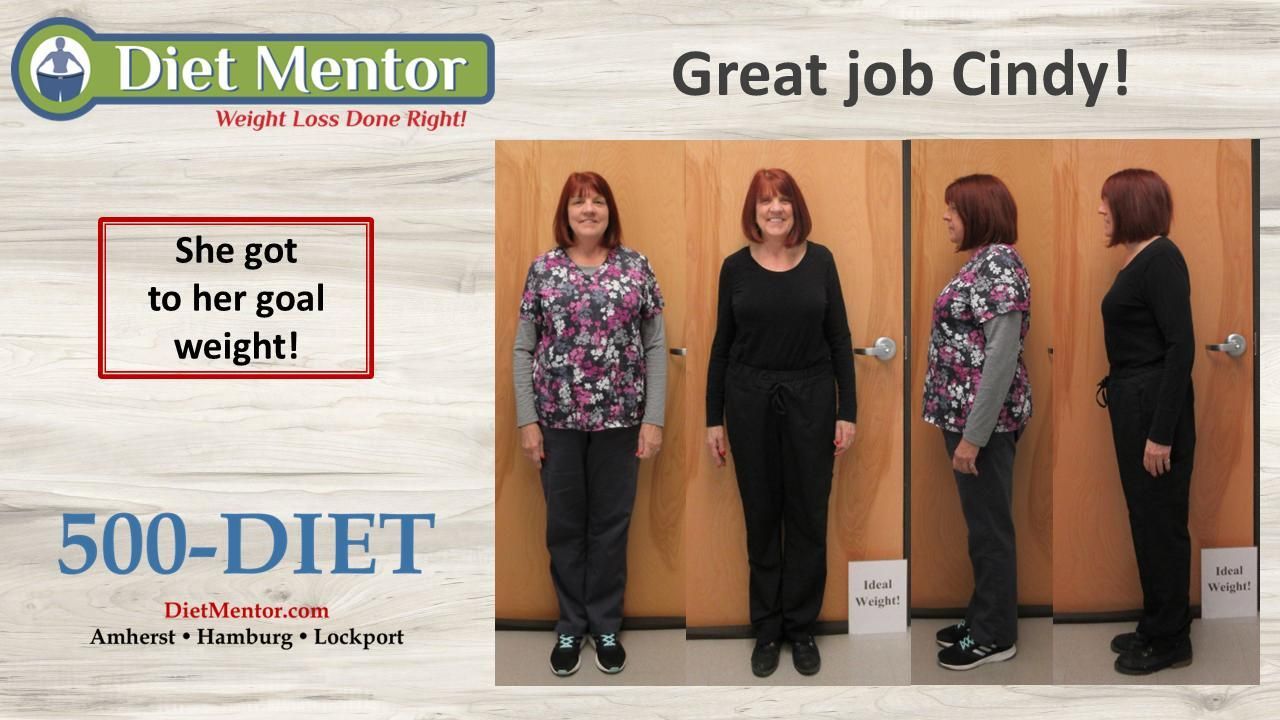 Diet Mentor ad showing before-and-after weight loss photos with “Great job Cindy!” and “She got to her goal weight!”
