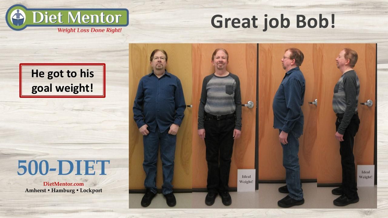 Before-and-after weight loss comparison with four full-body photos and text reading “Great job Bob!”