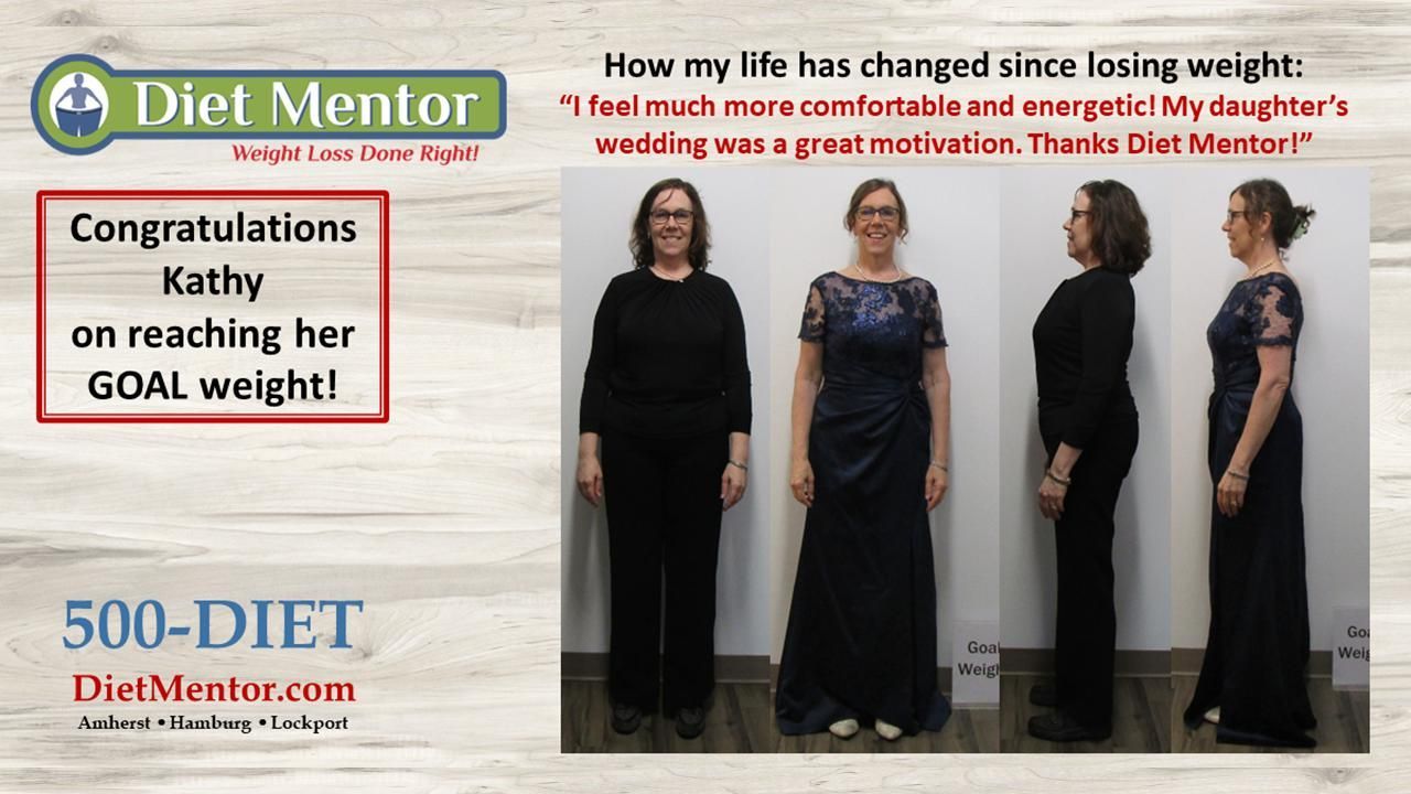Diet Mentor weight-loss ad showing a woman’s before-and-after progress in black dress photos