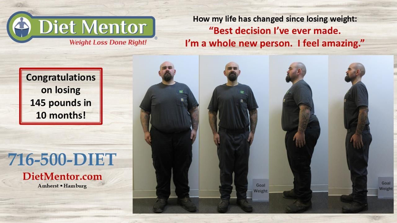 Diet Mentor ad showing before-and-after weight loss man, with “Congratulations on losing 145 pounds in 10 months!”