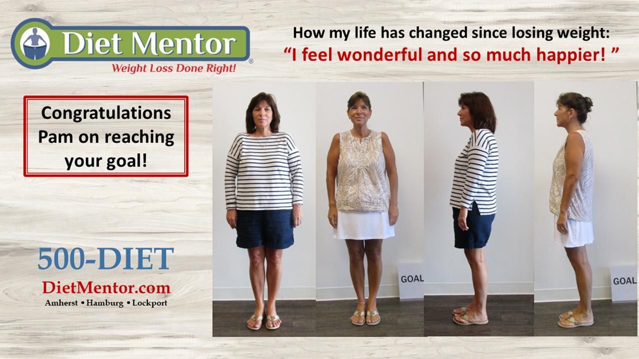 Diet Mentor weight-loss ad showing before-and-after full-body photos and “Congratulations Pam on reaching your goal!”