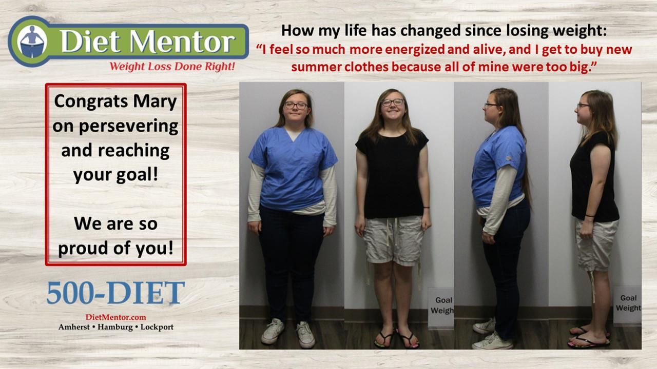Weight loss before-and-after collage with “Diet Mentor” logo, scale, and congratulatory text.