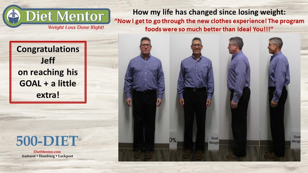 Diet Mentor ad showing a slimmer man in four before-and-after photos with a congratulatory message and logo