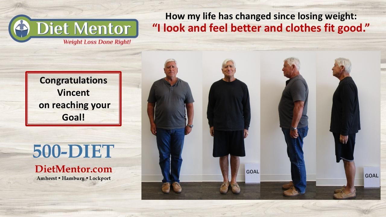 Diet Mentor weight-loss before-and-after photos with “Congratulations Vincent” and testimonial text