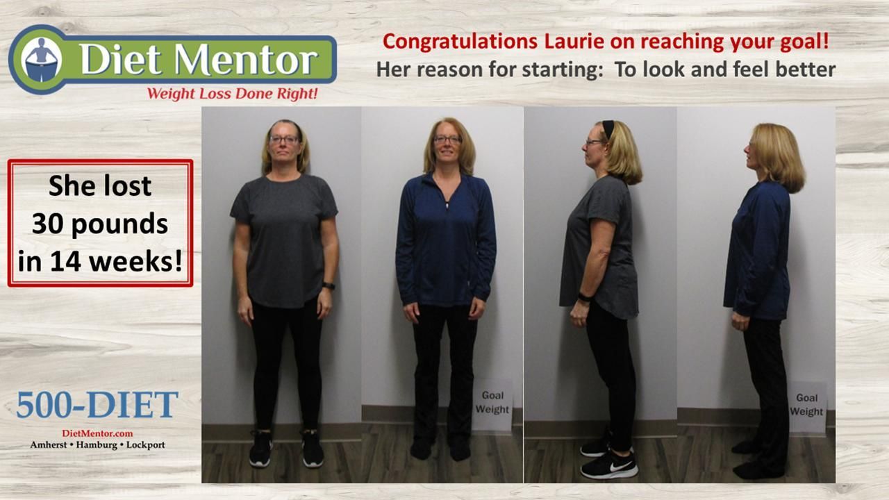 Diet Mentor before-and-after weight loss ad showing a 30-pound loss in 14 weeks