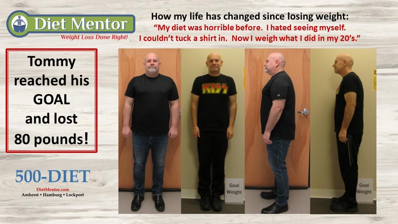 Diet Mentor weight-loss ad showing Tommy's 80-pound loss with before-and-after photos