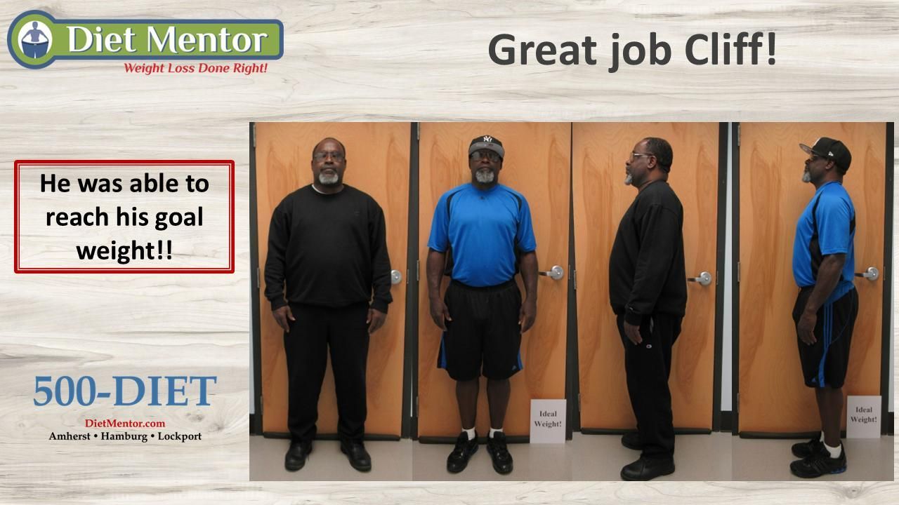 Diet Mentor ad with four men in blue and black shirts standing in front of a wood backdrop, “Great job Cliff!”