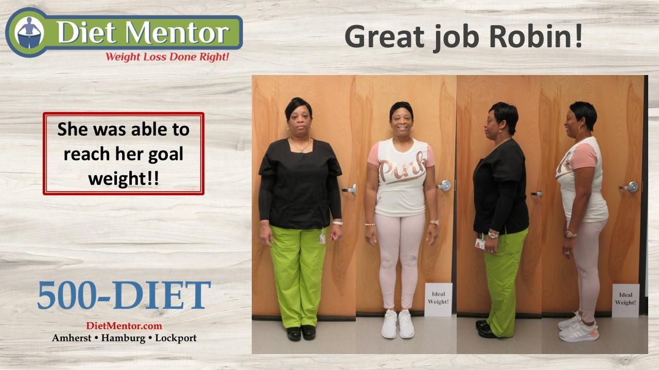 Before-and-after weight loss photo with text “Great job Robin!” and “She was able to reach her goal weight!”